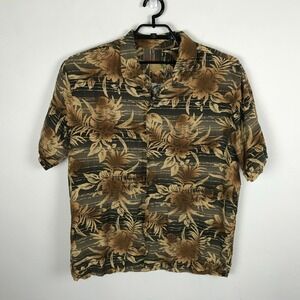 Caribbean Hawaiian Shirt Mens Size L Brown Floral Linen Rayon Blend Button Up